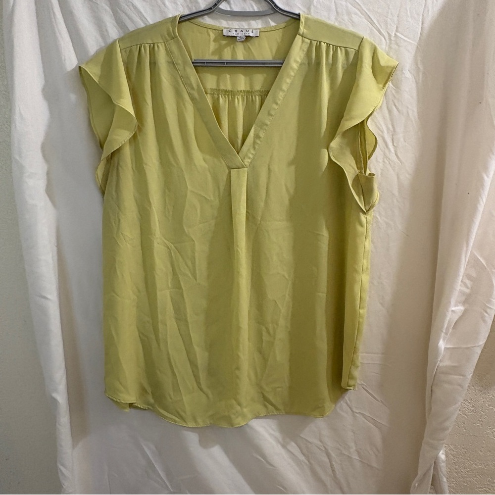 CHAUS Neon Yellow V-Neck Ruffle Sleeve Top